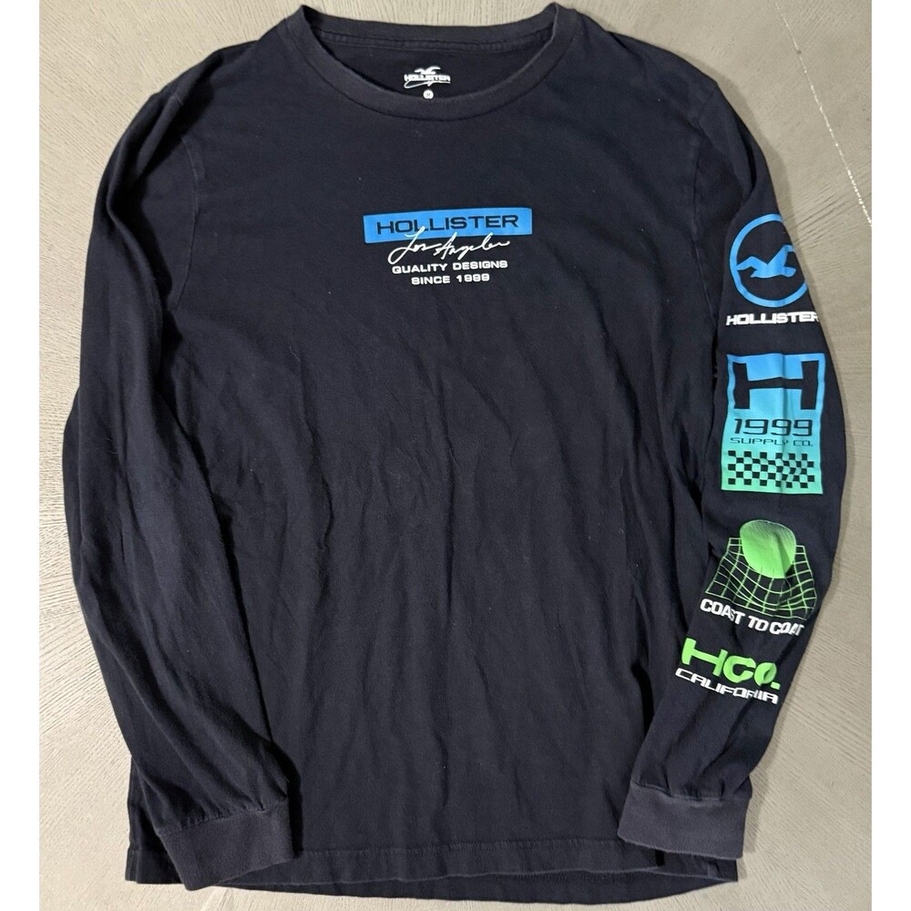 Hollister Long Sleeve Graphic T Shirt Mens Medium Black Y2K Cyber Sleeve Hits T